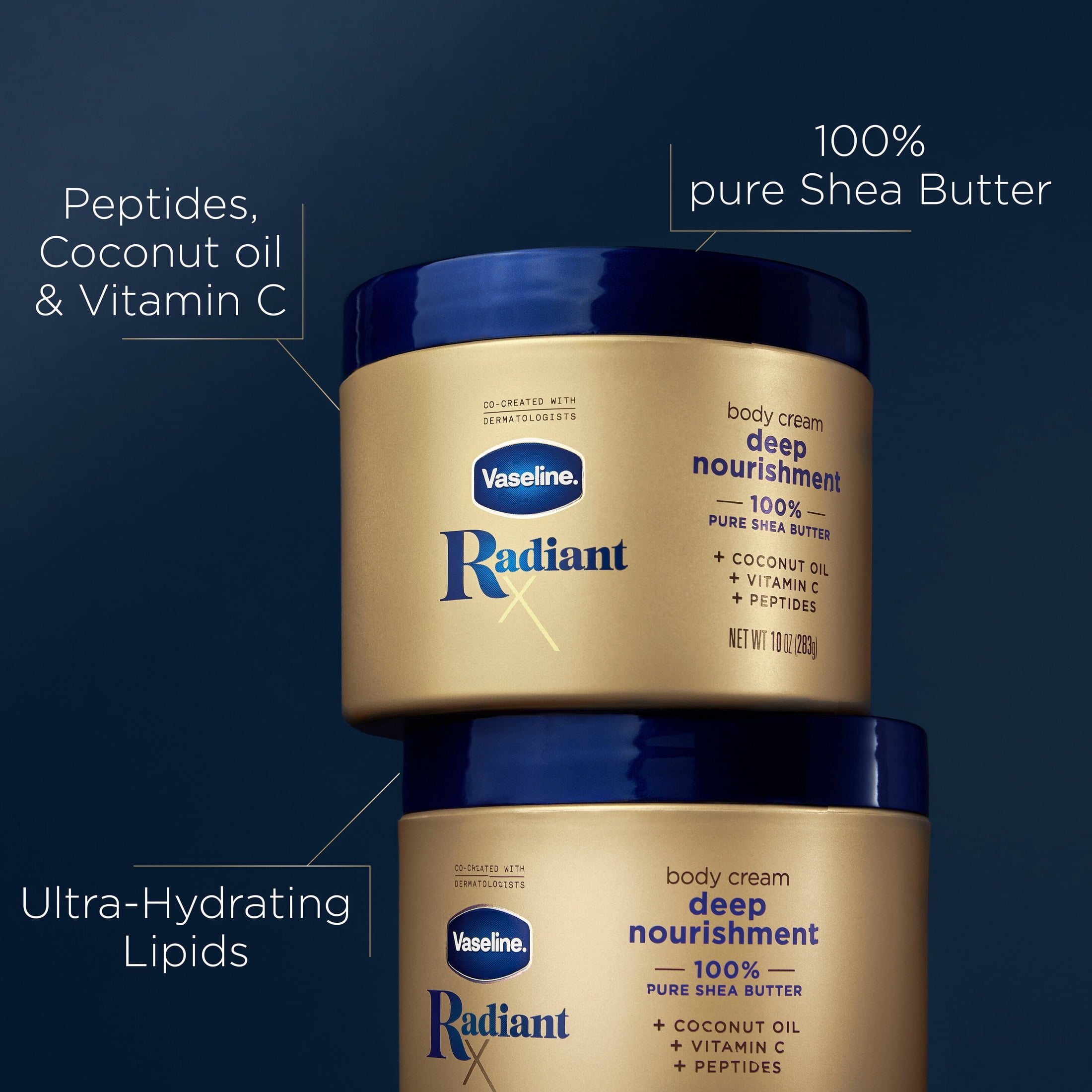 Vaseline Radiant X Deep Nourishment Body Cream 100% Pure Shea Butter, Coconut Oil, Vitamin C, & Peptides, 10 oz