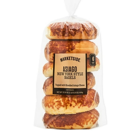Marketside Fresh Asiago Cheese Bagels, Wheat and Barley Flour, Shelf-Stable, 22.8 oz, 6 Count