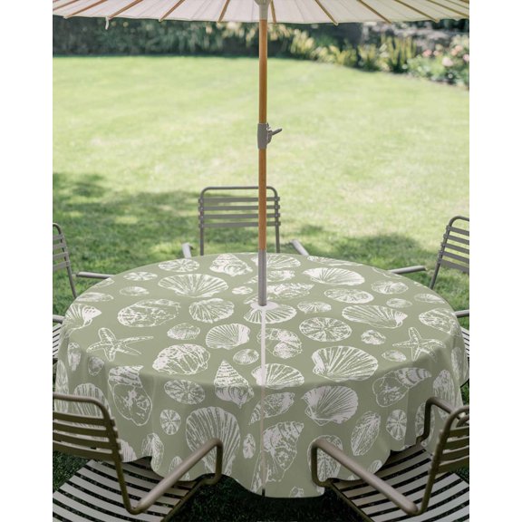 Outdoor Tablecloth with Umbrella Hole, Ocean Shell Conch Starfish Zippered Table Cloth for Square Tables, Coastal Marine Life Sage Green Washable Waterproof Tablecloths for Picnic Patio Garden