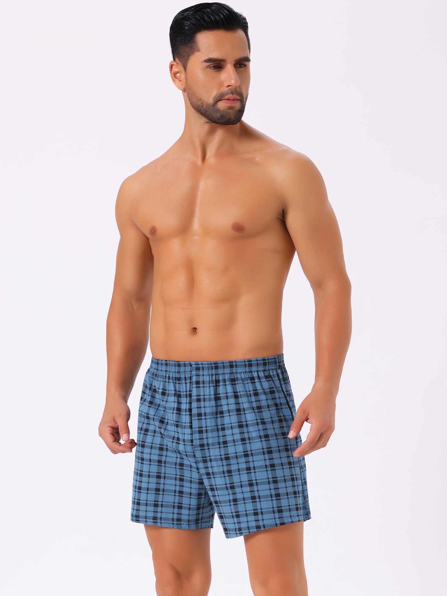 DARING DIVA Men's Classic Elastic Waistband Plaid Pattern Boxer Shorts 36 Navy