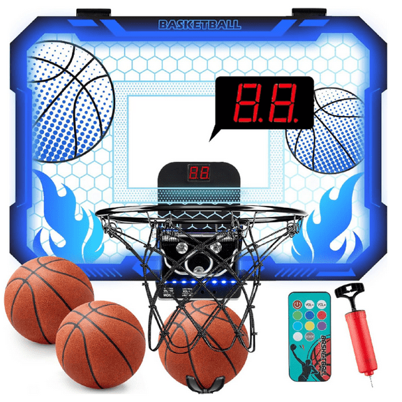 Indoor Basketball Hoop for Kids with 7 Color LED Lights, Remote Control, Over-the-Door Mount, Scoreboard - Gifts for 4-12 Year Old Boys & Girls