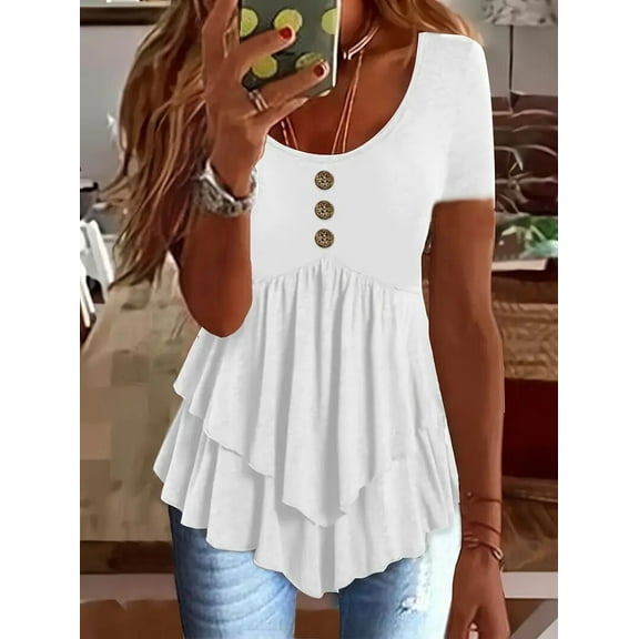 MORTTIC Women's Solid Color Button Front Tunic Top, Casual Loose Fit Crew Neck Summer Blouse T-Shirt, White, S