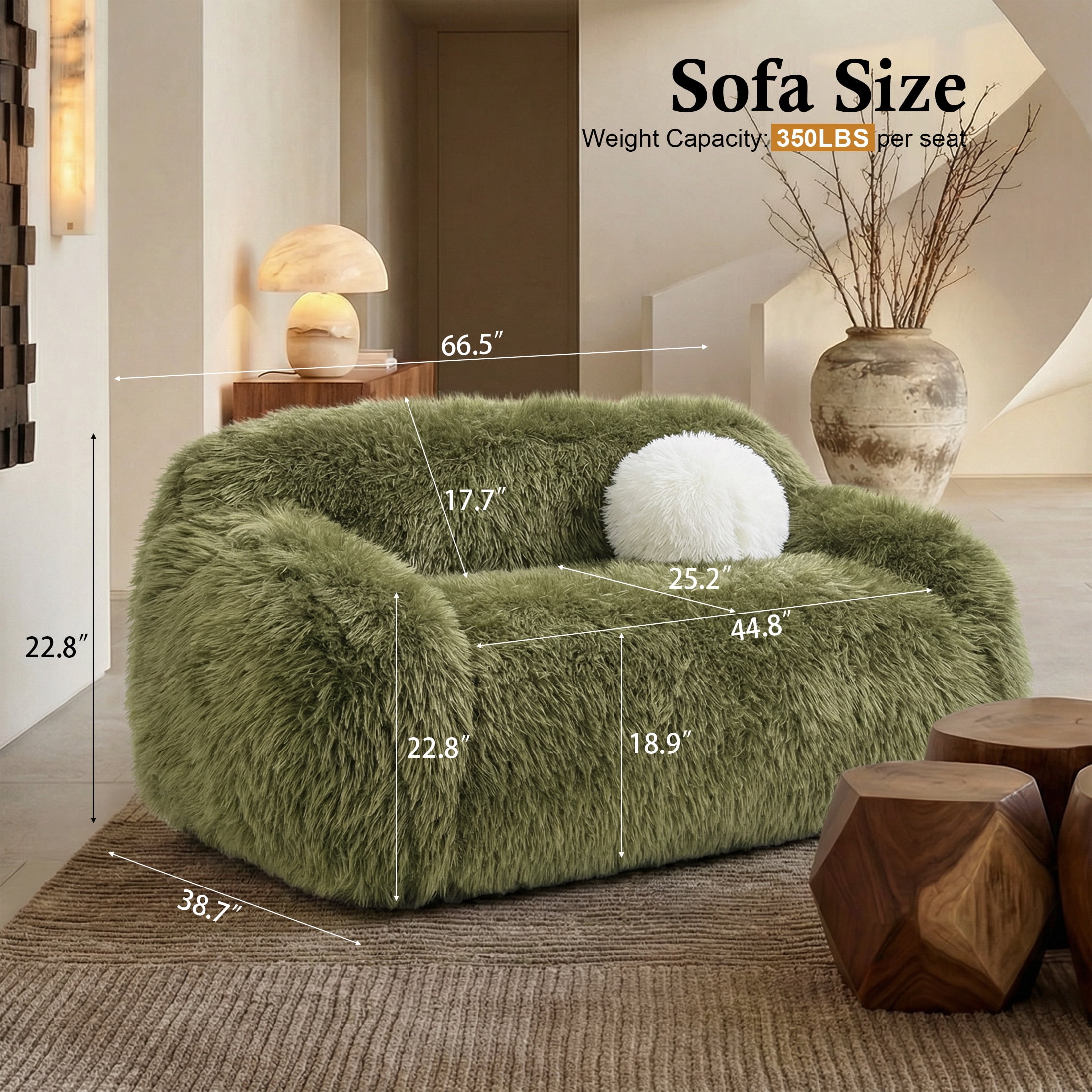 Aukfa Contemporary Plush Faux Fur Sofa, Could-Comfort Loveseat, 25" Deep Seat, Pet Friendly, Green