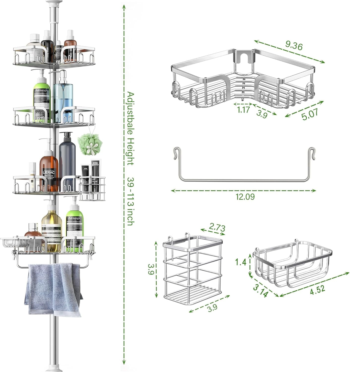 Corner Shower Caddy Tension Pole 4 Tier Adjustable Stainless Steel Shower Shelf for Inside Shower Bathtub Shampoo,Standing Bathroom Organizer Shelves with 39 to 113 inch Height