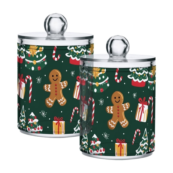 Yayeee 2 Pack Qtip Holder Bathroom Cotton Swab Canister with Lid Clear Dispenser Set, Green Christmas Gingerbread