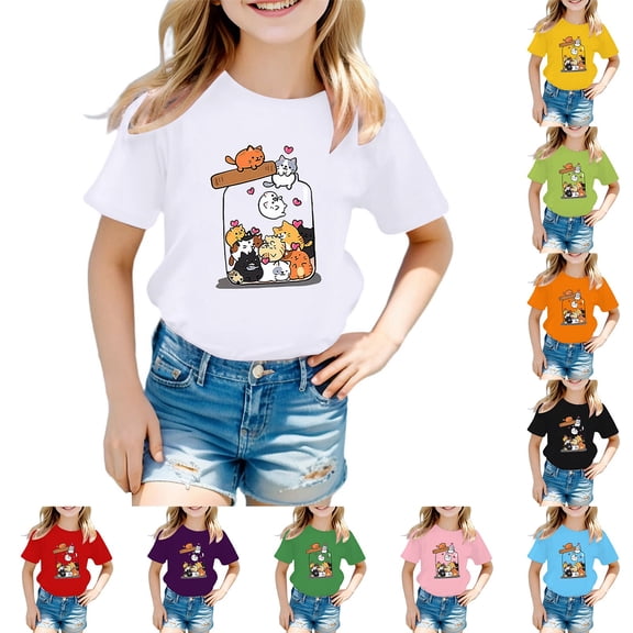 RTKFRFLM Kids Cute Cat Bottle Print T-Shirt Boys Girls Summer Short Sleeve Graphic Tee Toddler Fashion Casual Animal Print Top Breathable Cotton Playwear Children's Everyday School Shirt