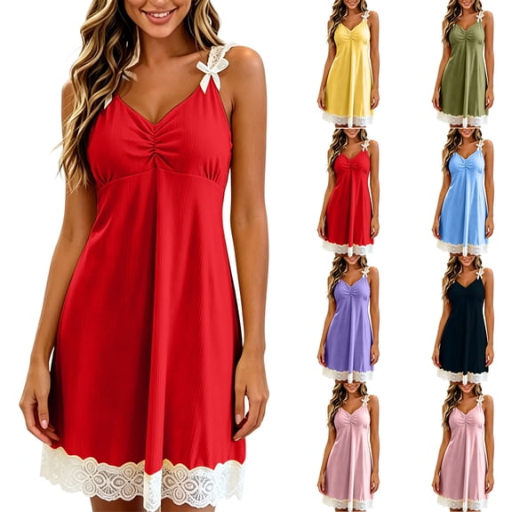 Women's Sleepwear Zaewscy Ladies' Home Sleeping Dress - Lace-embroidered Short Sleeve Sleeping Dress Red L