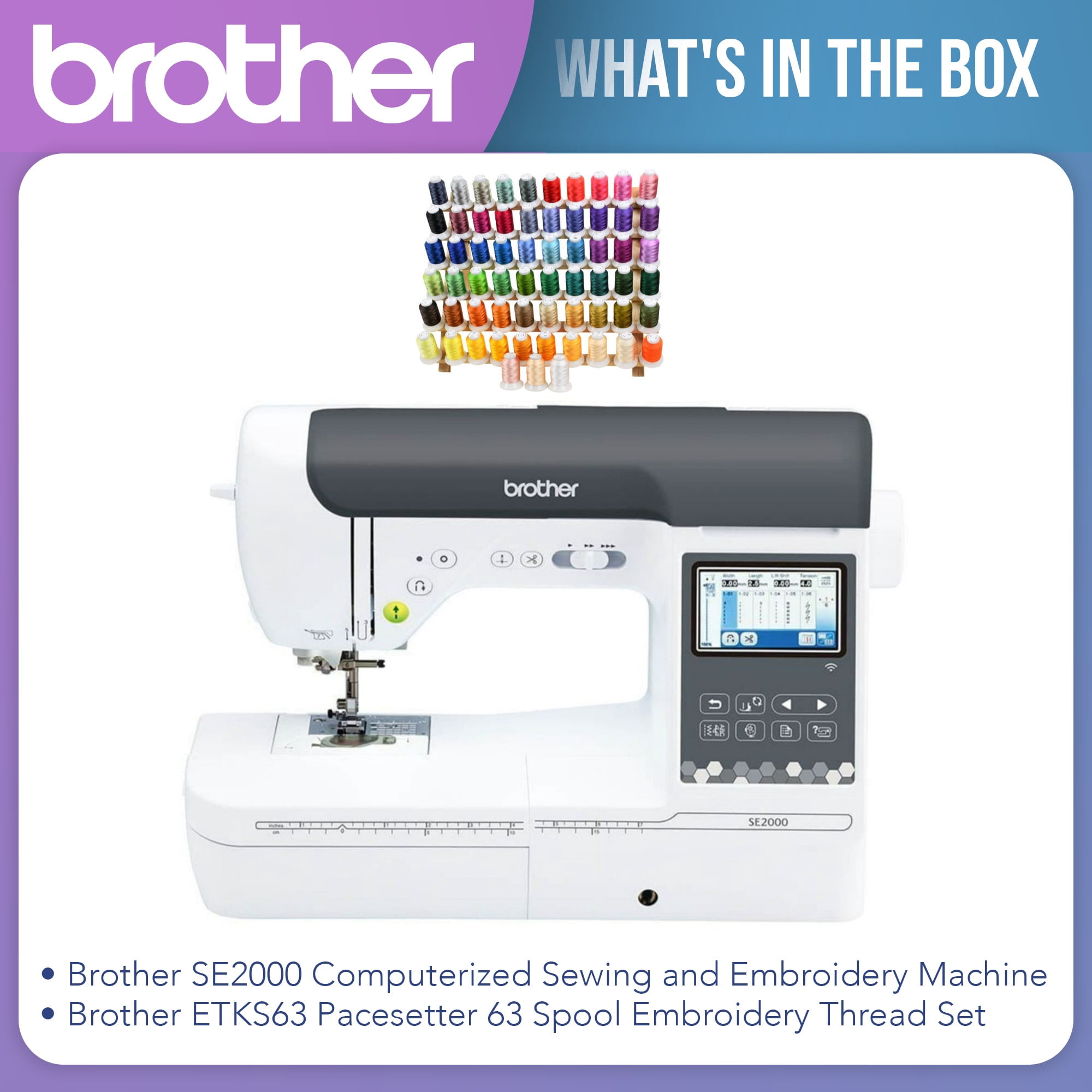 Brother SE2000 Computerized Sewing and Embroidery Machine with Built-In Designs LCD Display and 63 Spool Thread Set Bundle (2 Items)
