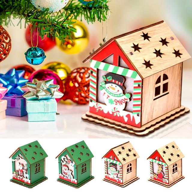 Fiudx Decoraciones Navideñas Interiores Casa De Madera Navideña Para Niños, Cabina De Decoración De Árbol De Navidad Diy