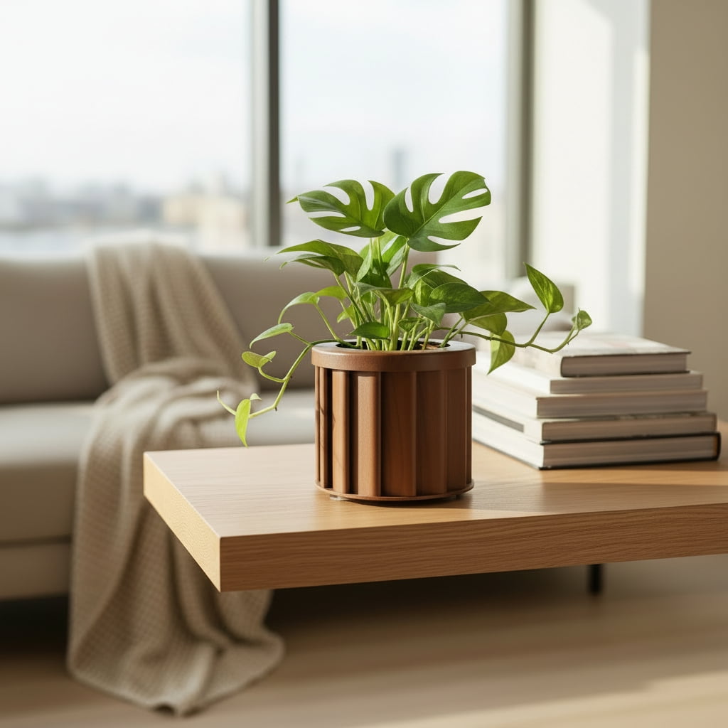 Round Strata Planter Dark Brown 6.25x6.25x5.13 Inch Lightweight Aluminum Planter with Drainage Opening Internal Tray for Outdoor Indoor Plants