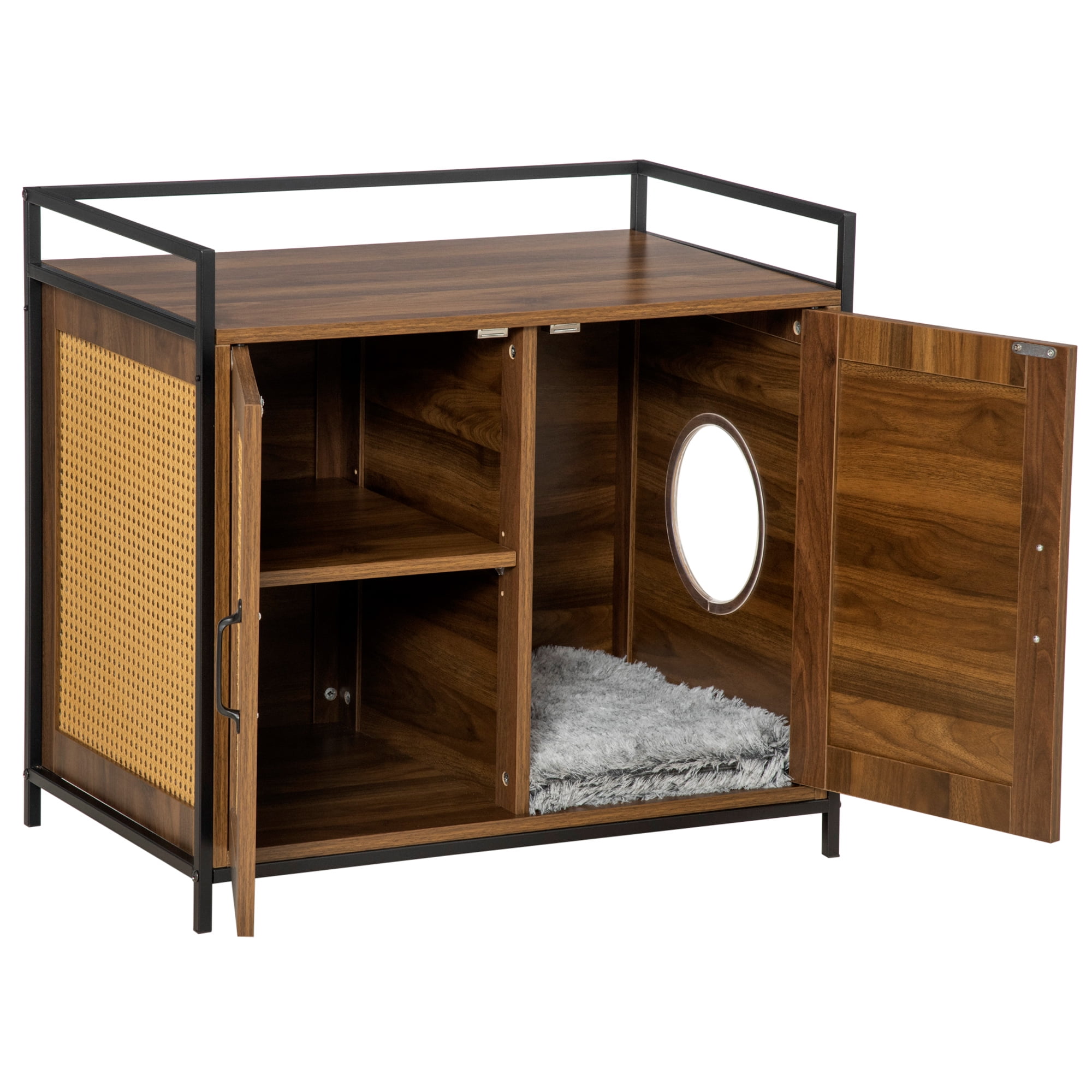 PawHut Shelved Hidden Litter Box Enclosure with Spacious Top Interior, Large Cat Litter House End Table for Indoor Cats with Hidden Storage Cabinet