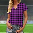 thumbnail image 3 of Womens Short Sleeve Shirt Plaid Print Button Round-Neck T-Shirt Blouses Purple, 3 of 5