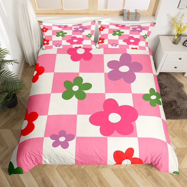 Cartoon Flower Doodle Duvet Cover Twin,Pink Purple Green Beige 1970s