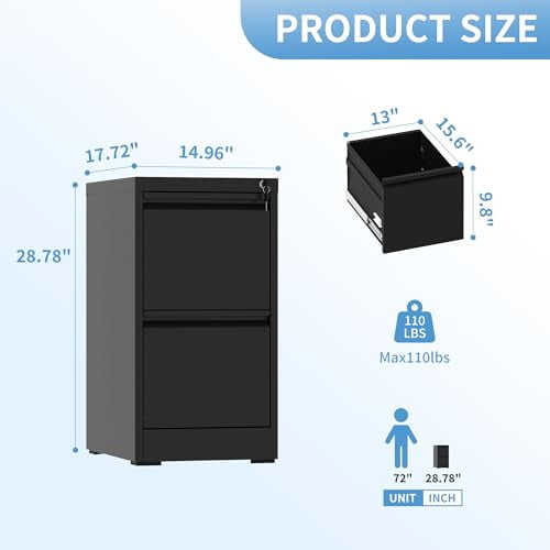 AQY 2 Drawer File Cabinet with Lock, Metal Filing Cabinets for Home Office, 18" Deep Heavy Duty Vertical Storage Cabinet for Hanging A4/Letter/Legal Size Files, Assembly Require