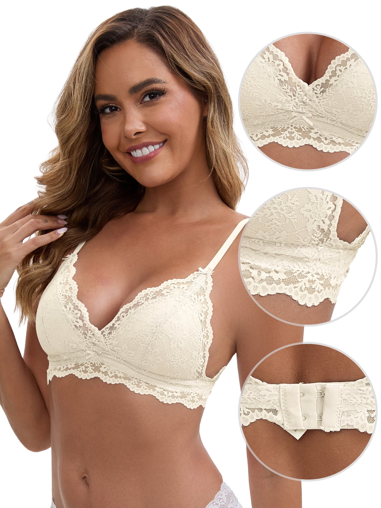 DARING DIVA Lace Plunge Wireless Bra Adjustable Spaghetti Straps 38B Beige