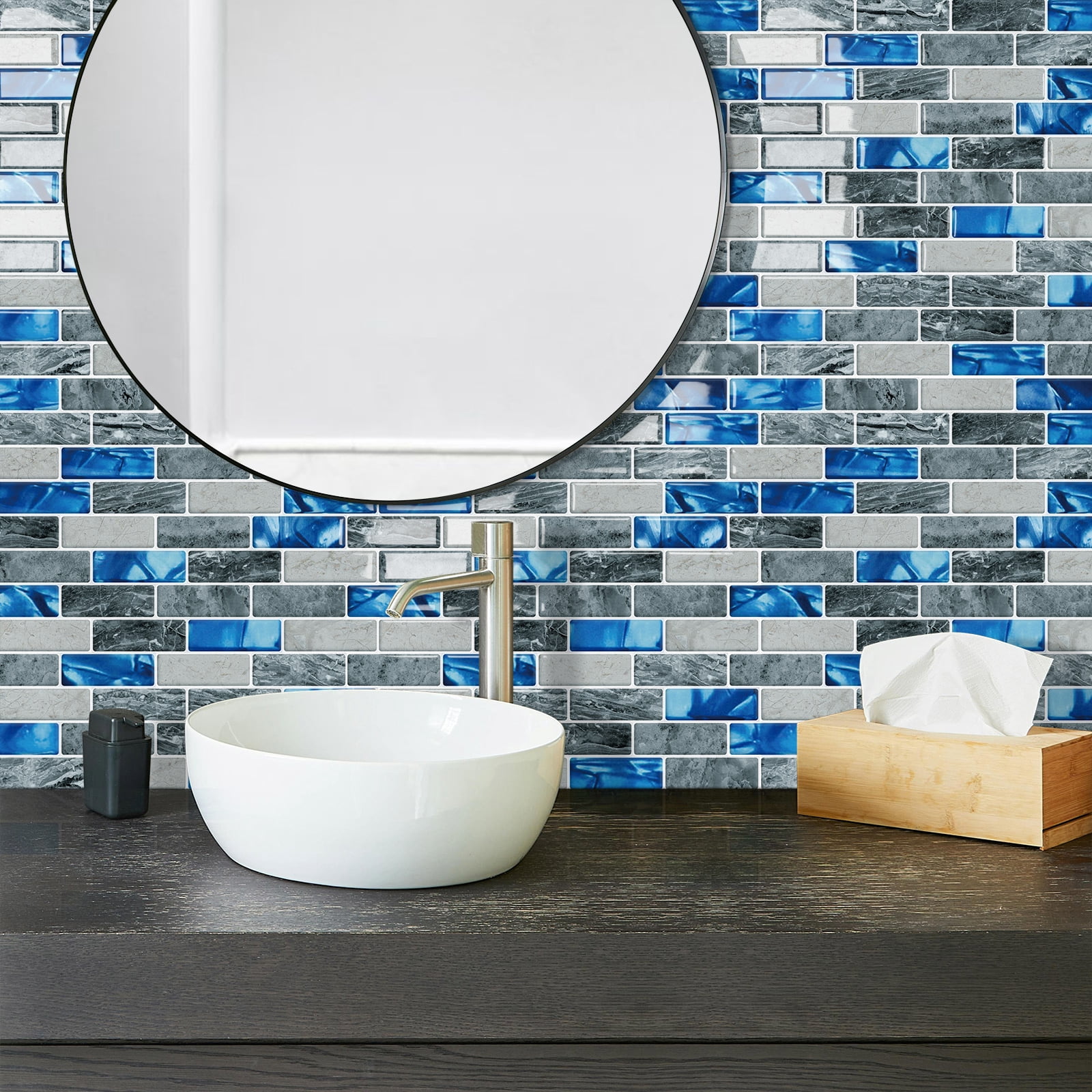 DEWOO Blue Peel and Stick Tile Backsplash, 3D Adhesive Peel and Stick Tile Backsplash for Kitchen, Bathroom, Wall Tile, 10-Sheet (12"x 12")