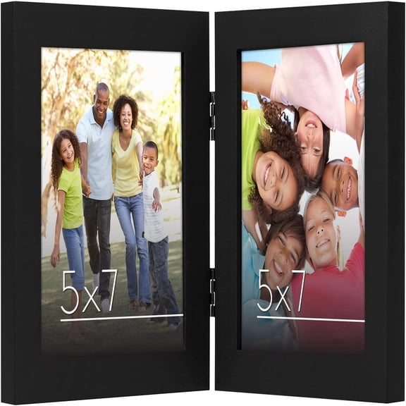 Hinged 5x7 Picture Frame with Shatter-Resistant Glass - Double Picture Frames with Engineered Wood - Photo Frame for Tabletop Display - Black