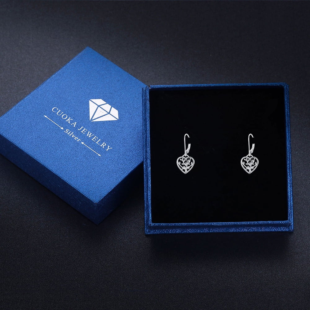 AOVEAO Heart Leverback Earrings 925 Sterling Silver Tree of Life Dangle Earrings 18K White Gold Plated Jewelry for Women Wife Mom Birthday Xmas Gift for Sensitive Ears