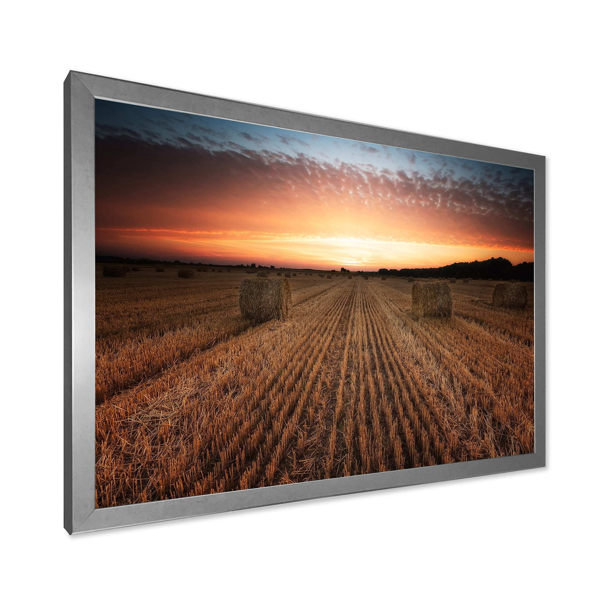 Designart 'A Field Full of Hay Bales At Sunset Landscape' Farmhouse Framed Art Print