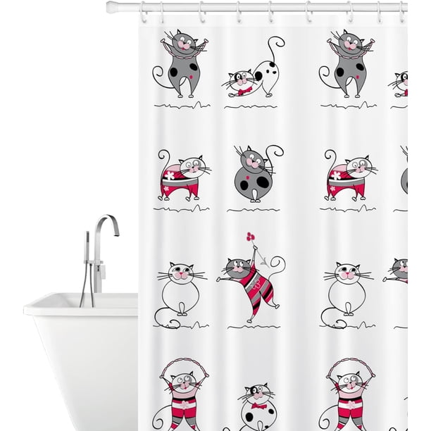 Cortina de Ducha y Baño con Gatos Divertidos de Poliéster Impermeable con 12 Anillas, Antimoho, Lavable a Máquina, 150 x 180 cm