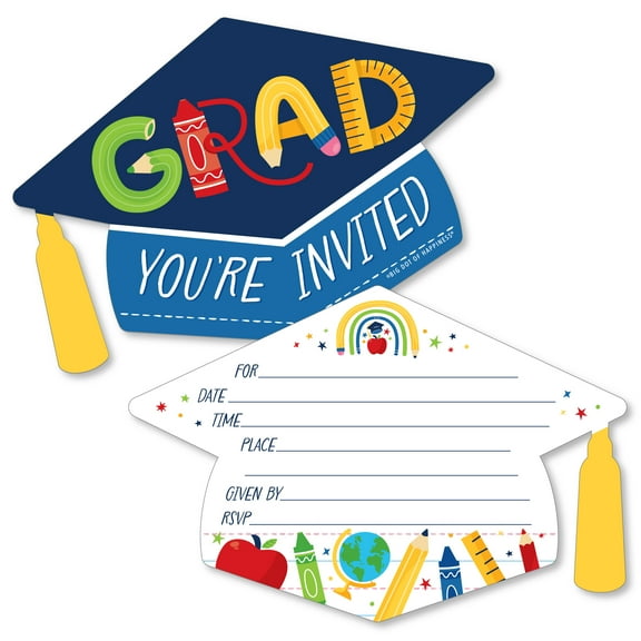 Big Dot of Happiness Elementary Grad - Shaped Fill-In Invitations - Kids Graduation Party Invitation Cards with Envelopes - Set of 12