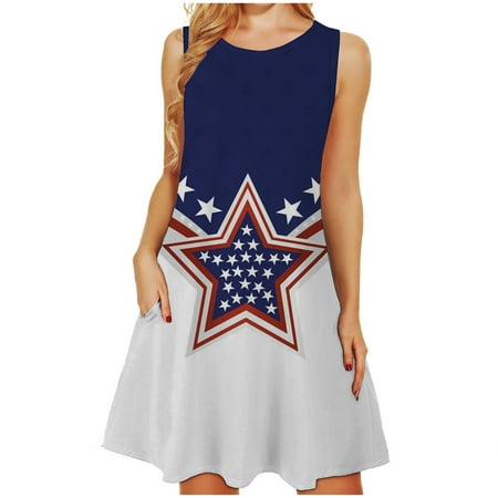 

Hvyesh Summer Dresses for Women 2023 Casual Patriotic Long Dress Red White and Blue Print Crew Neck Sundresses Short Sleeve Flowy Dresses Dark Blue