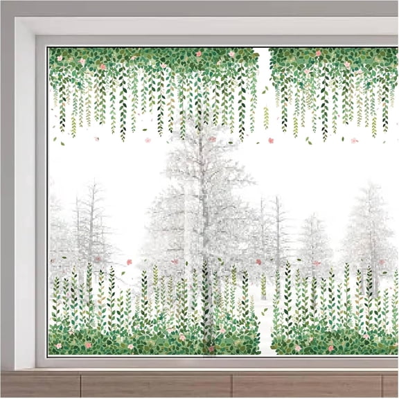 45.6x11.8 Inch Large Hanging Leaves Window Stickers Hanging Vine Window Clings Spring Green Plant Flowers Window Decals Rectangle Removable Reusable Window Film for Sliding Door Glass Room