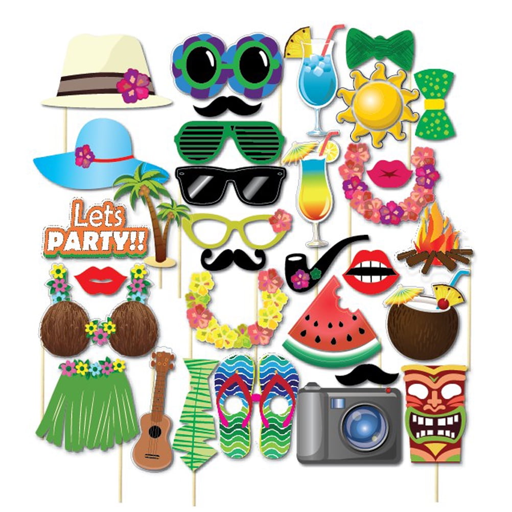 34 PCS Hawaiian Party Photo Props Beach Wedding Party Supplies ANSUG DIY Tropical Luau Party Decorations Funny Photography Props for Summer Pool Party 