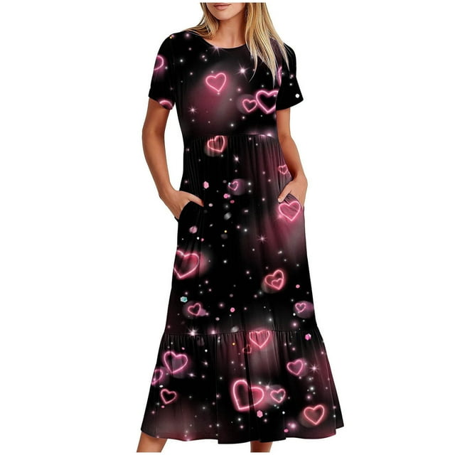 Robe d'Été pour Femmes 2024 Mode Grande Taille Manches Courtes Col Rond Ample Imprimé Couleur Longue Robe 50 % de Réduction Liquidation!
