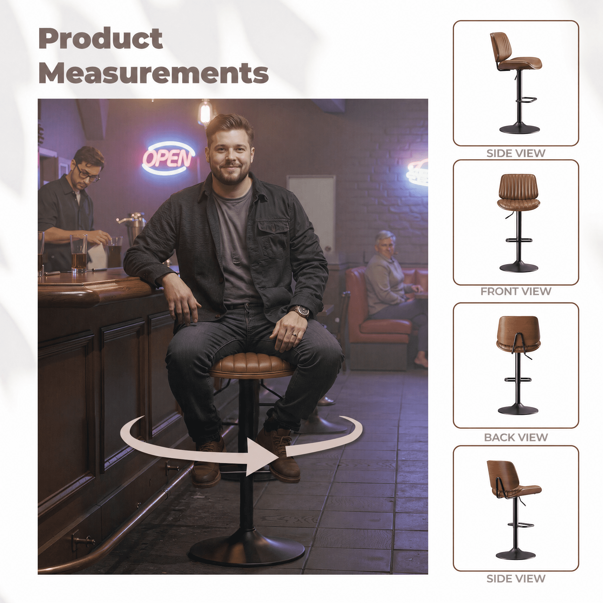 EOP Modern Upholstered Barstools Set of 4, Adjustable Height Counter Stools with Bentwood, Faux Leather Swivel Bar Stools with Metal Frame, Brown