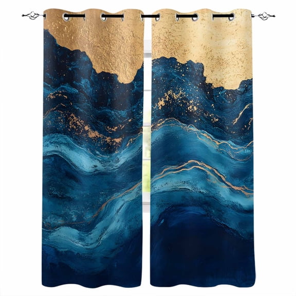 Navy Blue Blackout Curtains 63 Inches Long for Bedroom, Modern Abstract Luxury Golden Thermal Insulated Room Darkening Black Out Window Curtain Panels Grommet Drapes for Living Room