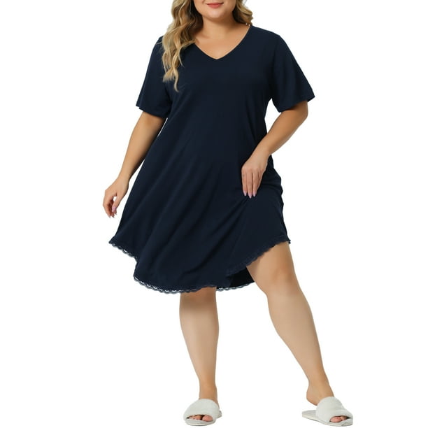 Vestido de pijama de talla grande para mujer Agnes Orinda con escote en V, dobladillo de encaje, camiseta suelta, ropa de dormir, azul real 2X