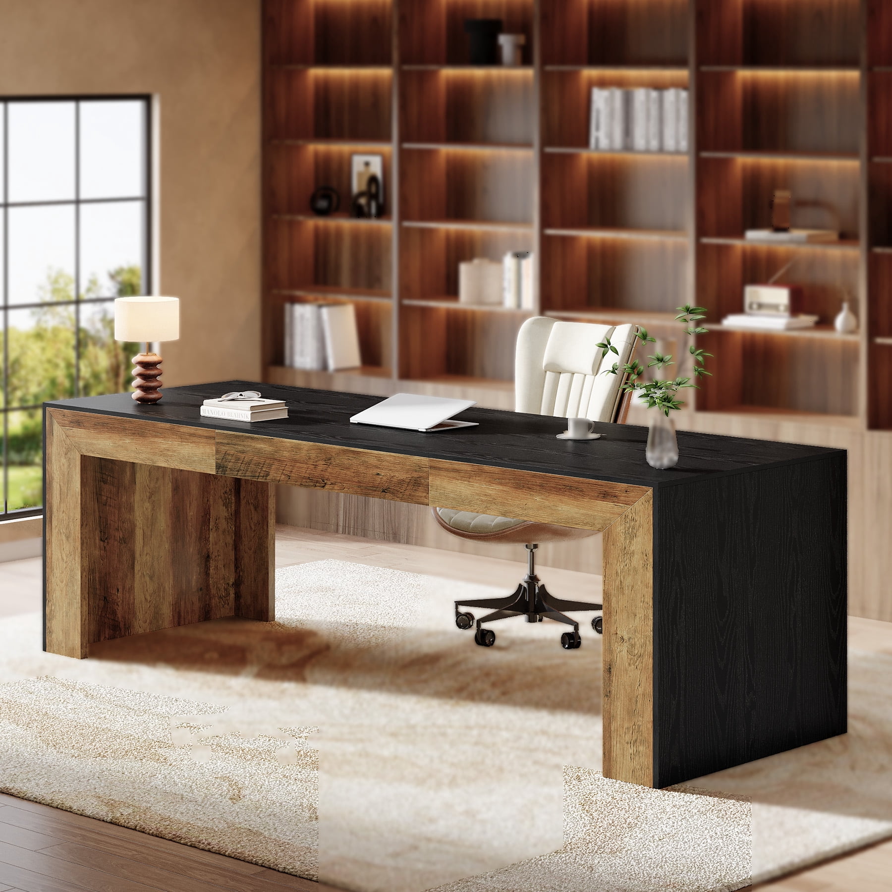 Tribesigns 86.6-Inch Long Computer Desk for 2 Person, Farmhouse Executive Desk with Wooden Tabletop and Legs for Home Office