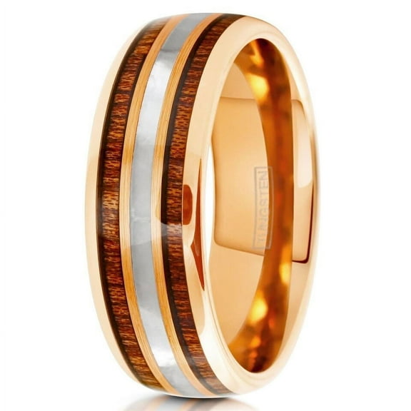 Tungsten Carbide Rings for Men Wedding Bands for Him 6mm Rose Gold Plated Mother of Pearl and Koa Wood
