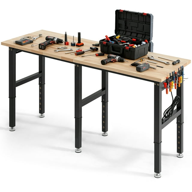 VEVOR Adjustable Workbench, 5000 lbs Capacity, 72 x 24 Inch Oak Wood Top Workstation with 4 AC Outlets & 2 USB Ports, Heavy-Duty Hardwood Worktable