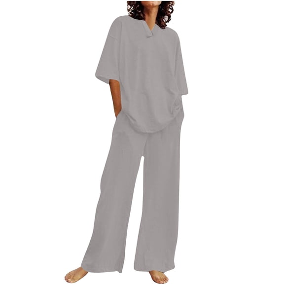 Plus Size 2 Piece Outfits for Women Clearance Sales Casual Linen Sets 2 Piece Outfits V-Neck Short Sleeve Summer Tops Wide Leg Pants Matching Set Tracksuits Trendy Beach Vacation Outfit Sets Gray XXL