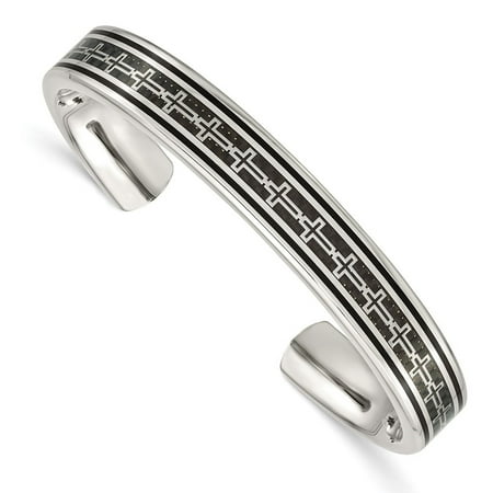Auriga Fine Jewelry Stainless steel Black IP-plated with Black Carbon Fiber Inlay Cross Design Cuff Bangle