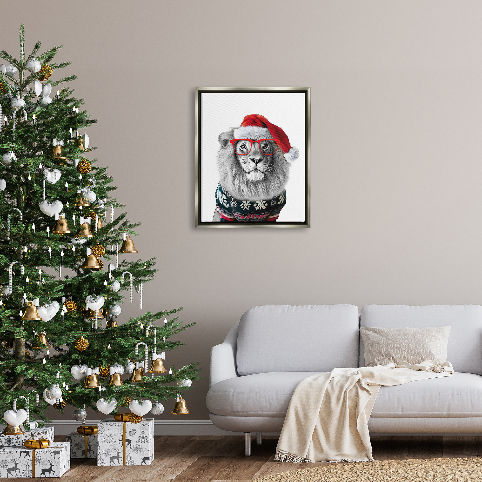 Stupell Industries Lion in Christmas Sweater Holiday Painting Gray Floater Framed Canvas Art Print Wall Art, 25 x 31