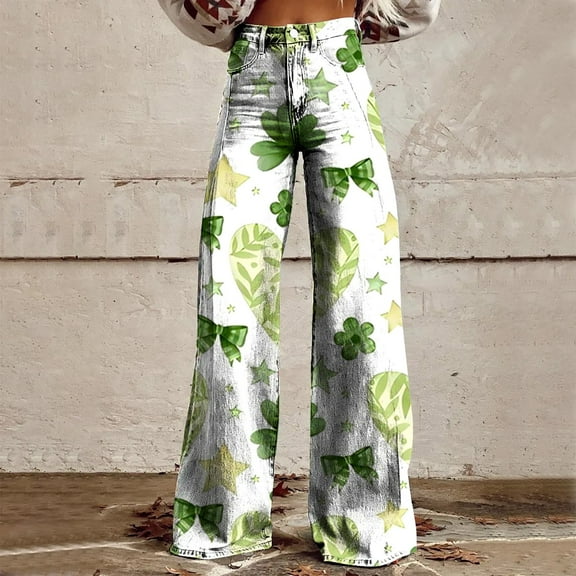 Beige Women's Casual Pants, Wide Leg Pants Woman High Waist Floral Patterned Pants Lightweight Loose Fit Casual Colorful Trouser Imitation Jeans,Women's Casual Pants L