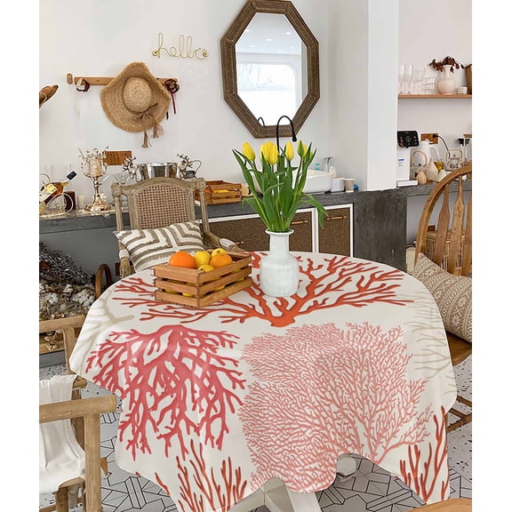Red Coastal Tablecloth Square Table Cloth 60x60 , Waterproof Tablecloth Outdoor Table Cloth, Vintage Coral Ocean Modern Sea Abstract Washable Table Cover for Kitchen Dining Party