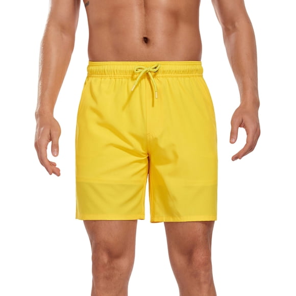 Men's Plus Size Quick Dry Swim Trunks, 4-Way Stretch Elastic Waist Multi-Pocket Loose Beach Pool Vacation Bathing Shorts,Yellow,M