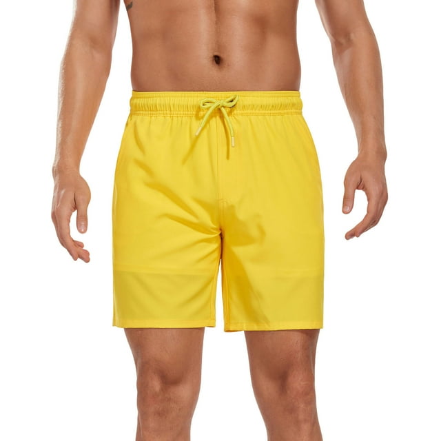 Men's Plus Size Quick Dry Swim Trunks, 4-Way Stretch Elastic Waist Multi-Pocket Loose Beach Pool Vacation Bathing Shorts,Yellow,XXL