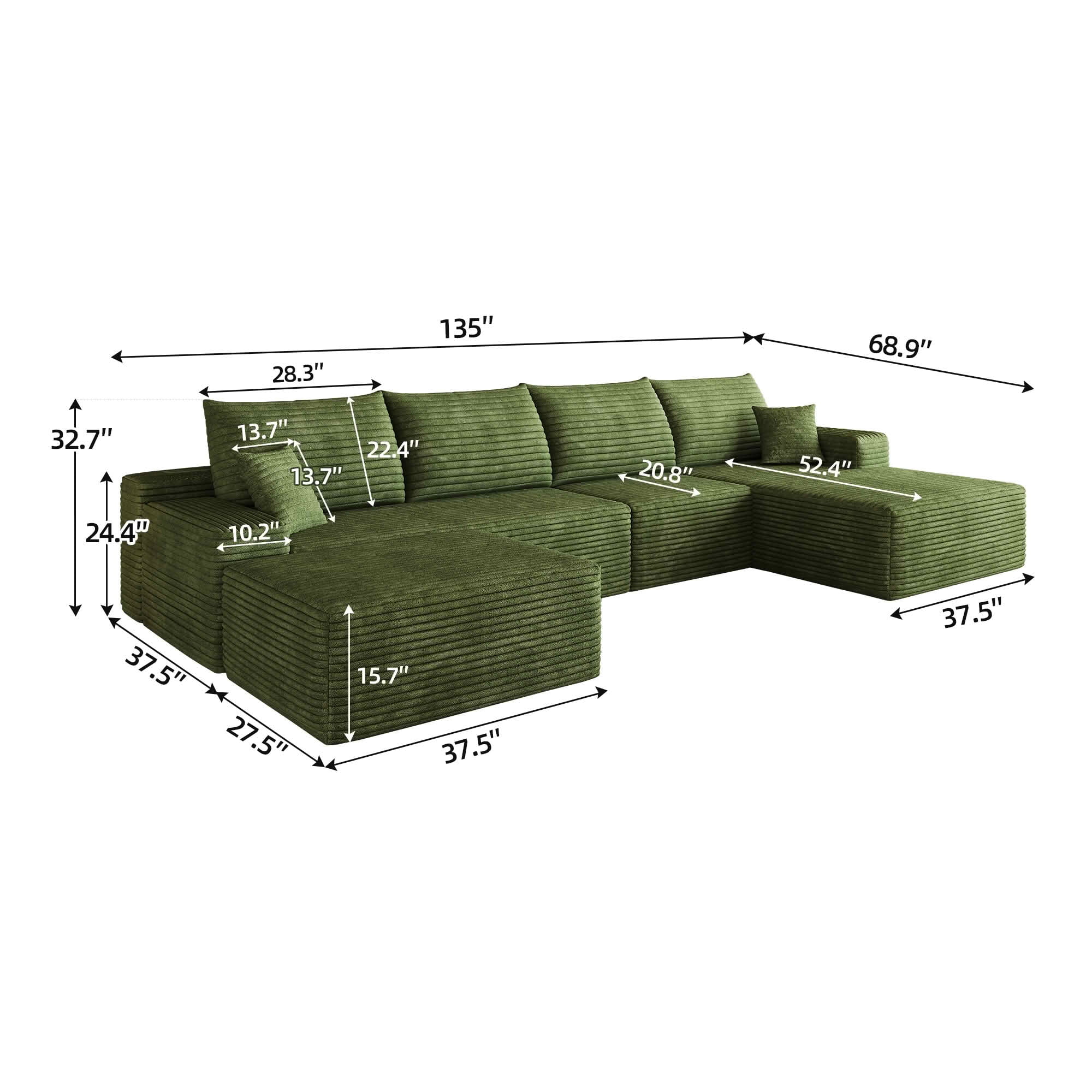 MAYEERTY 135-Inch Green Plush Corduroy 5-Seat U-Shaped Cloud Modular Sectional Sofa, Deep Seat Corner Couch with Ottoman No Assembly Required