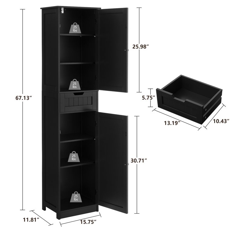 Fangsum Black Bathroom Cabinet with 2 Doors and 3 Adjustable Shelves, Freestanding Floor Storage Cabinet for Bathroom, Living Room, Kitchen, Black