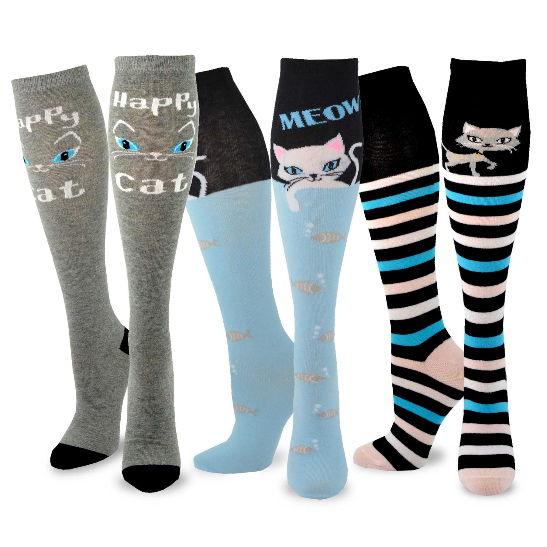 Teehee Women's Fun Novelty Knee High Socks 3Pack (Happy Cat)