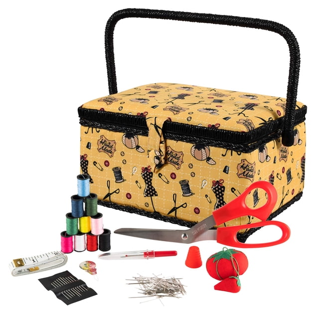 Cesta de costura SINGER amarilla vintage con kit de costura Access.
