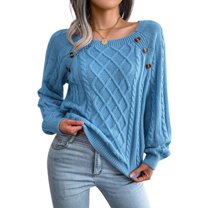 Defitshape Women's Cable Knit Sweater Long Sleeve Fall Top Boat Neck Soft Button Bishop Sleeve Spring Elegant Winter Thick Loose Fit Knitwear Knitted Pullover Sweater Blue Large