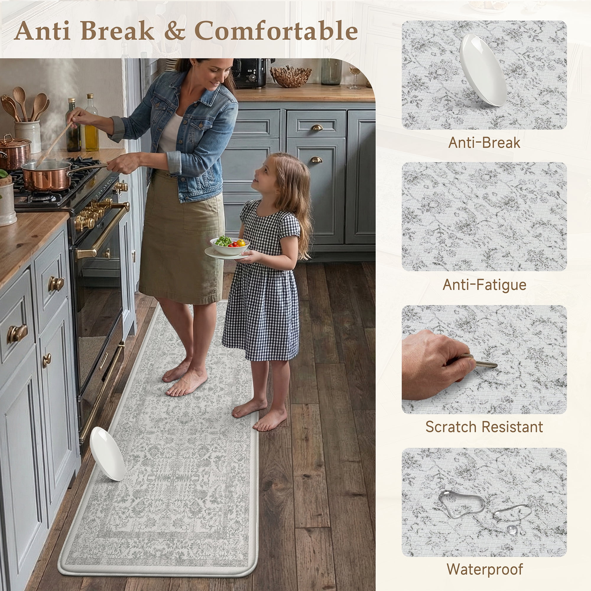 BERTHMEER Kitchen Rugs for Floor 2 Piece, 17.3"x30"+17.3"x47" Anti Fatigue Waterproof Gray Kitchen Mats, Non Slip Comfort Standing Mat Rug for Home, Sink, Laundry, Gray