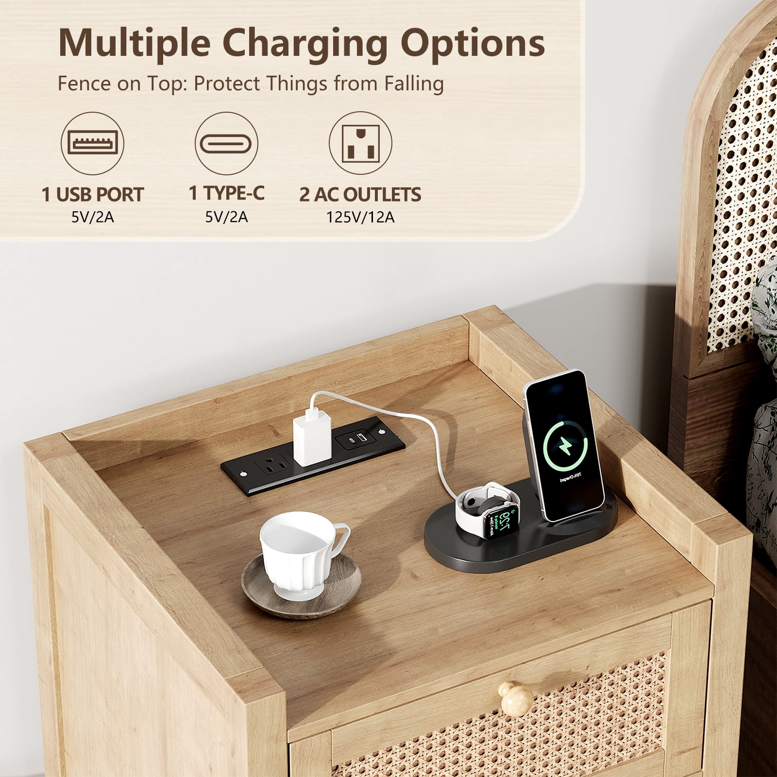 Holliwill Nightstand for Bedroom Set of 2 with Charging Station, Boho Rattan Modern Bedside Tables with Type-C port, USB port, Bed Side Tables End Table - Natural Oak
