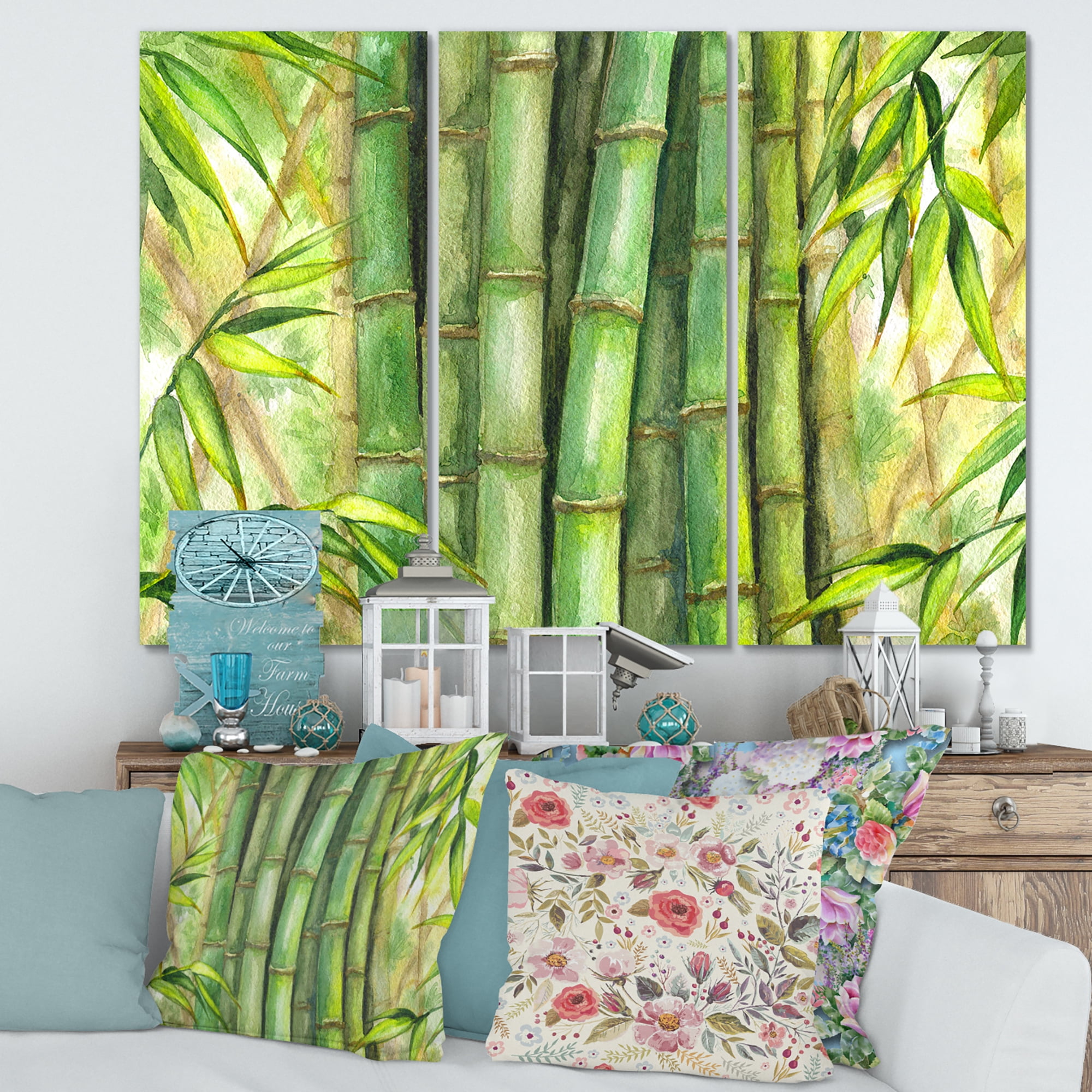 Designart ' Bright and Green Bamboo Stems ' Transitional Canvas Wall Art Print